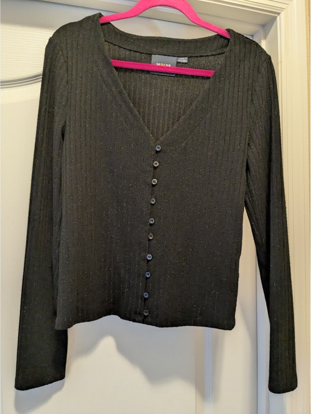 Maeve by Anthropologie Black Metallic Ribbed Button Front Cardigan Top Sz L